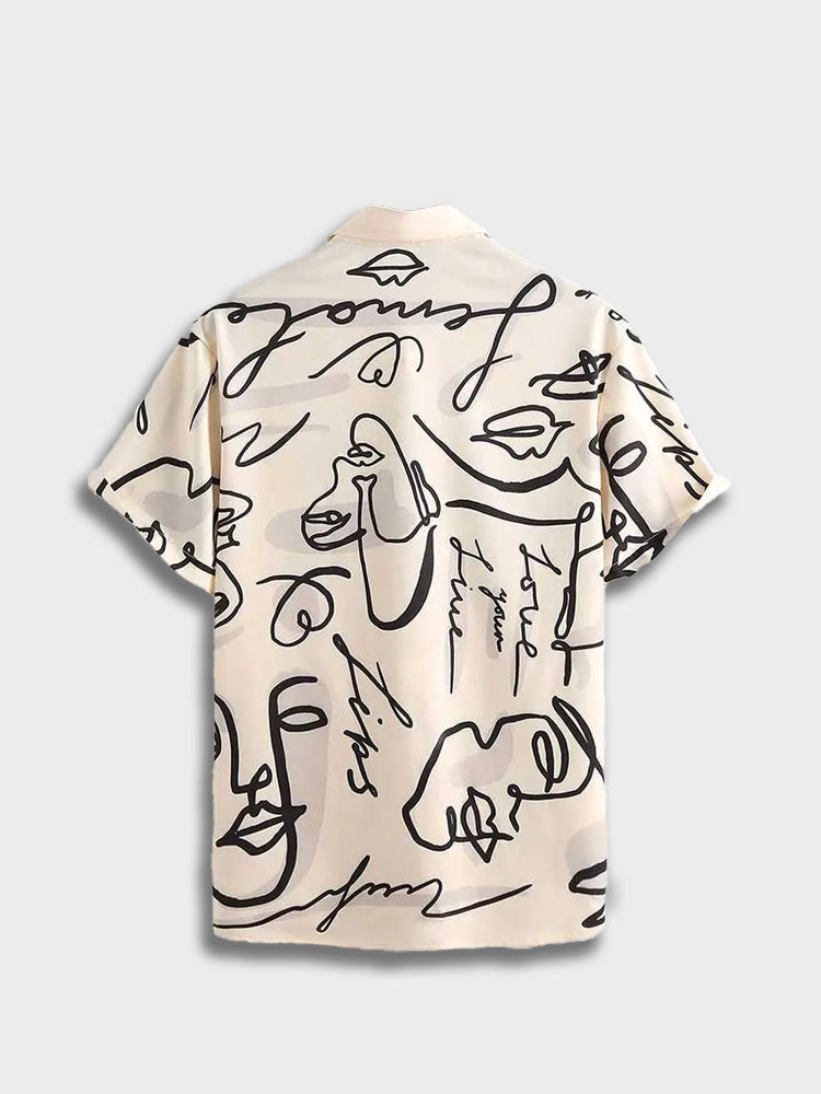 TWO-TONED SHORT-SLEEVED SHIRT WITH ROSE AND ABSTRACT FACE DESIGN