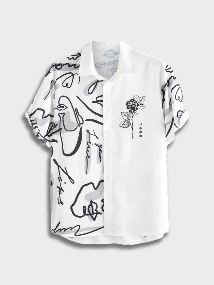 TWO-TONED SHORT-SLEEVED SHIRT WITH ROSE AND ABSTRACT FACE DESIGN