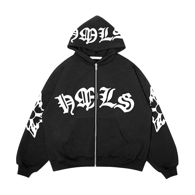 UNISEX HOODIE TYPOGRAFIK BLACK ZIP-UP WITH GOTHIC LETTERING