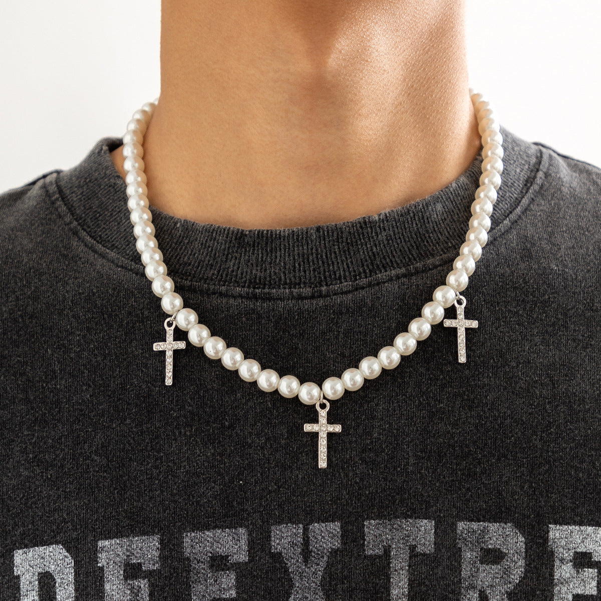 UNISEX PEARL NECKLACE WITH CROSS PENDANTS AND ADJUSTABLE TITANIUM CLOSURE