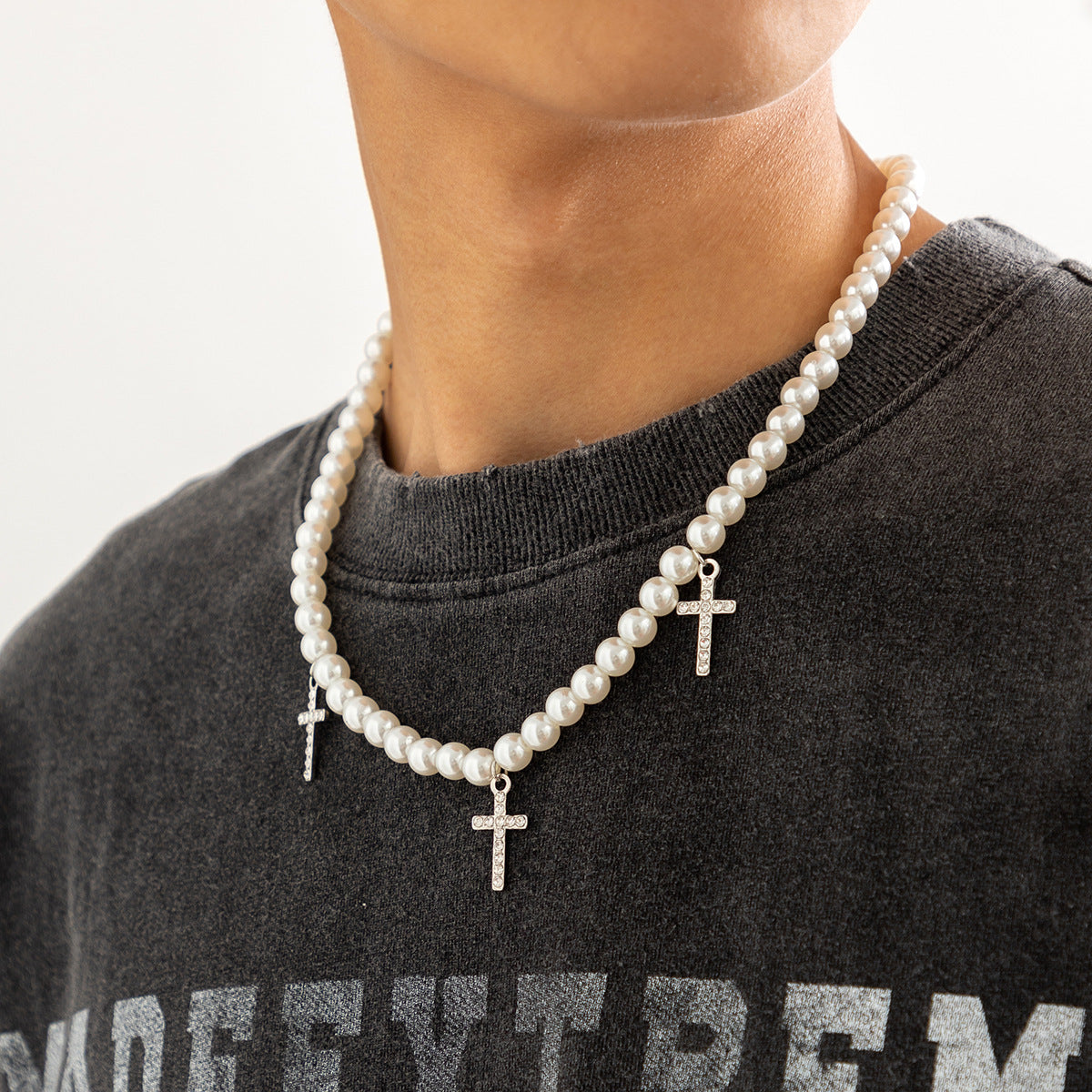 UNISEX PEARL NECKLACE WITH CROSS PENDANTS AND ADJUSTABLE TITANIUM CLOSURE