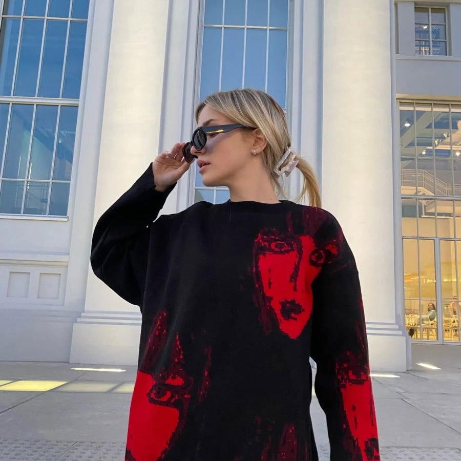 UNISEX SWEATER WITH RED FACE PRINTS - UNISEX SWEATER REDFACE