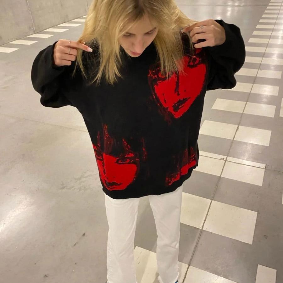 UNISEX SWEATER WITH RED FACE PRINTS - UNISEX SWEATER REDFACE