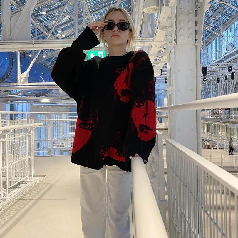 UNISEX SWEATER WITH RED FACE PRINTS - UNISEX SWEATER REDFACE