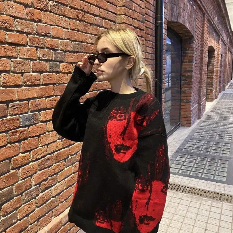 UNISEX SWEATER WITH RED FACE PRINTS - UNISEX SWEATER REDFACE