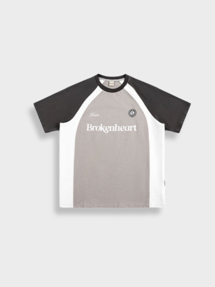 UNISEX TEE BROKENHEART VINTAGE GRAY AND WHITE WITH BLACK SLEEVES