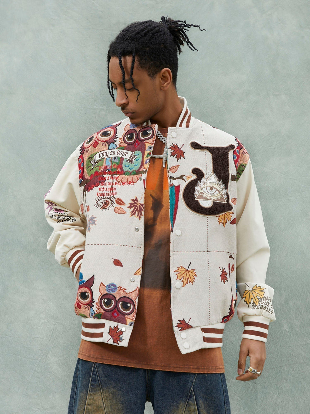 VARSITY JACKET WITH PATTERNED DESIGN IN COTTON LINEN BLEND
