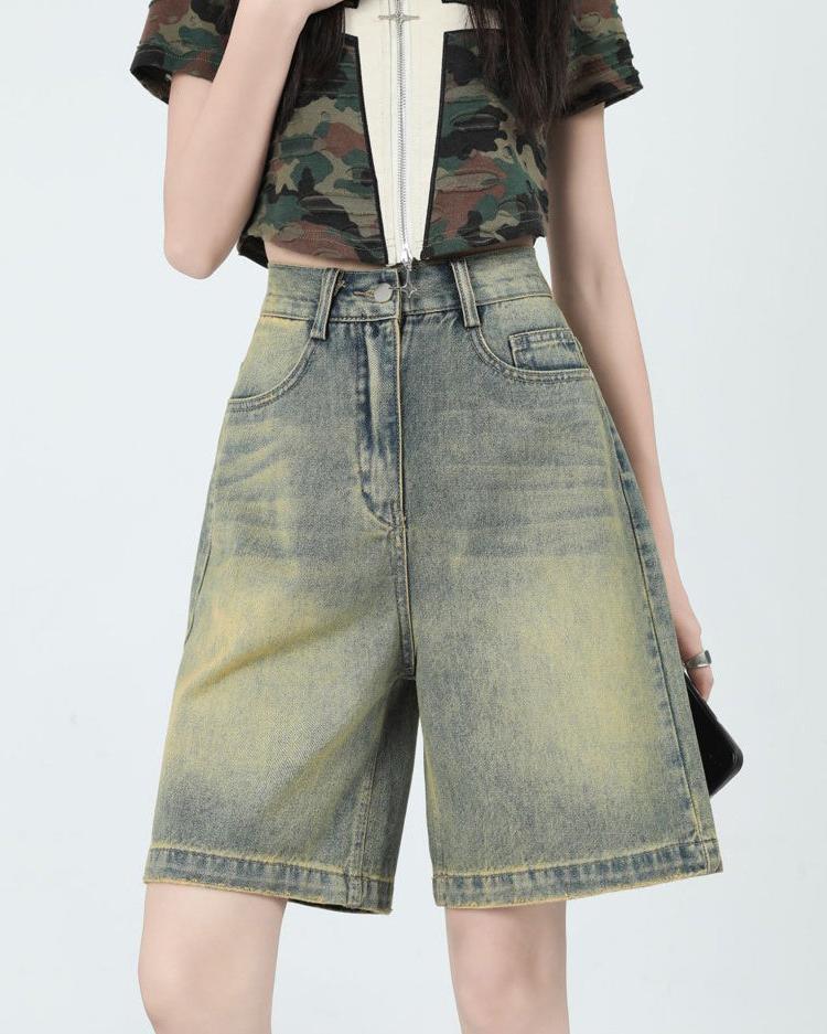 VINTAGE FADED WASH HIGH-WAISTED DENIM SHORTS