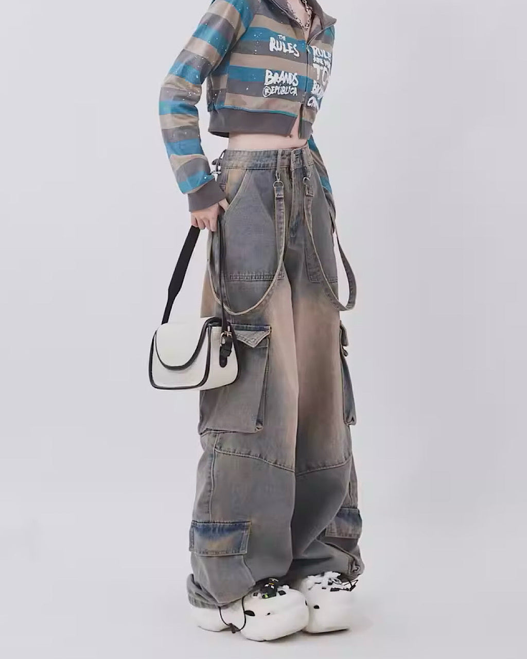 VINTAGE HIP DENIM CARGO PANTS REGULAR FIT CASUAL COTTON