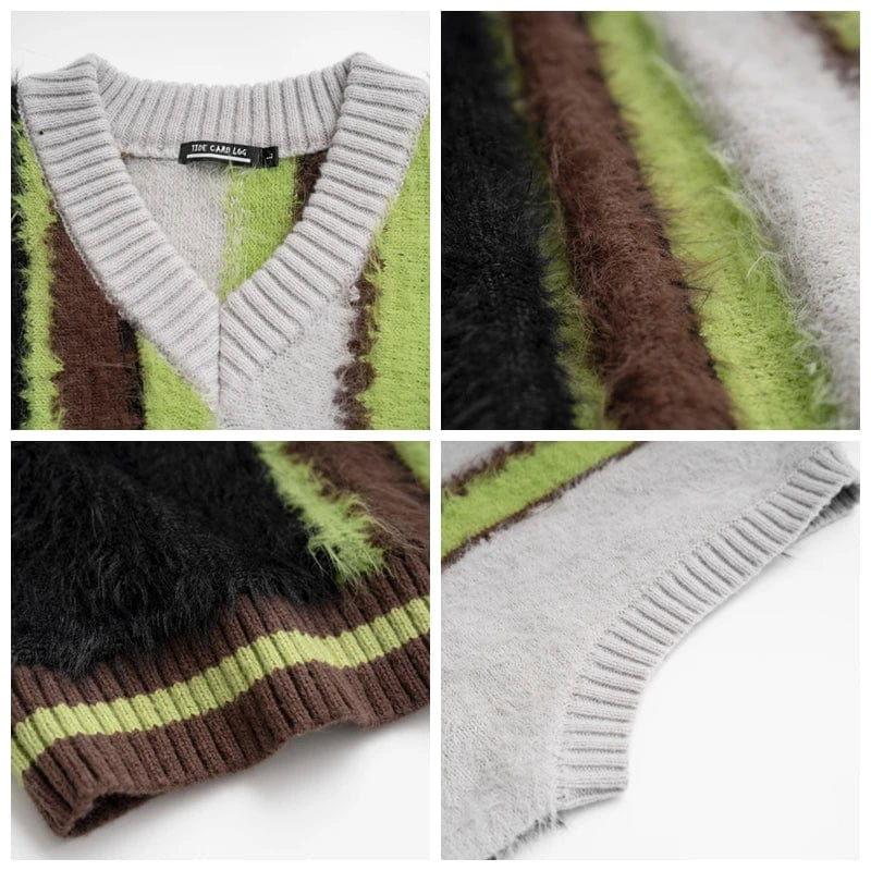 VINTAGE STRIPED SLEEVELESS SWEATER VEST WITH FUZZY TEXTURE