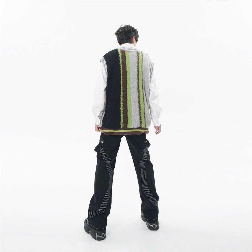VINTAGE STRIPED SLEEVELESS SWEATER VEST WITH FUZZY TEXTURE