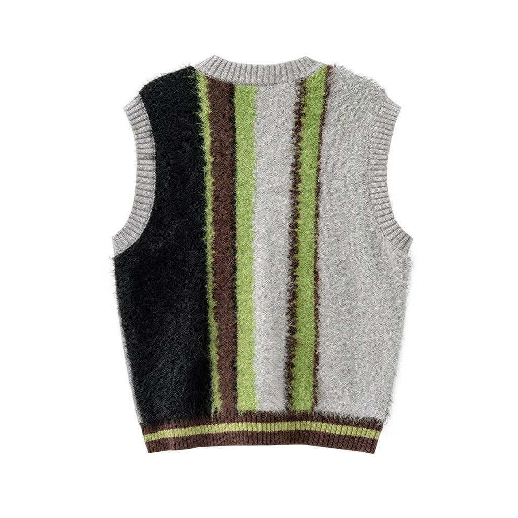 VINTAGE STRIPED SLEEVELESS SWEATER VEST WITH FUZZY TEXTURE