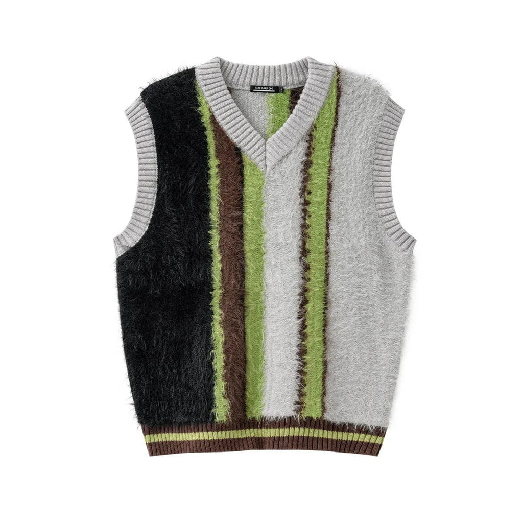 VINTAGE STRIPED SLEEVELESS SWEATER VEST WITH FUZZY TEXTURE