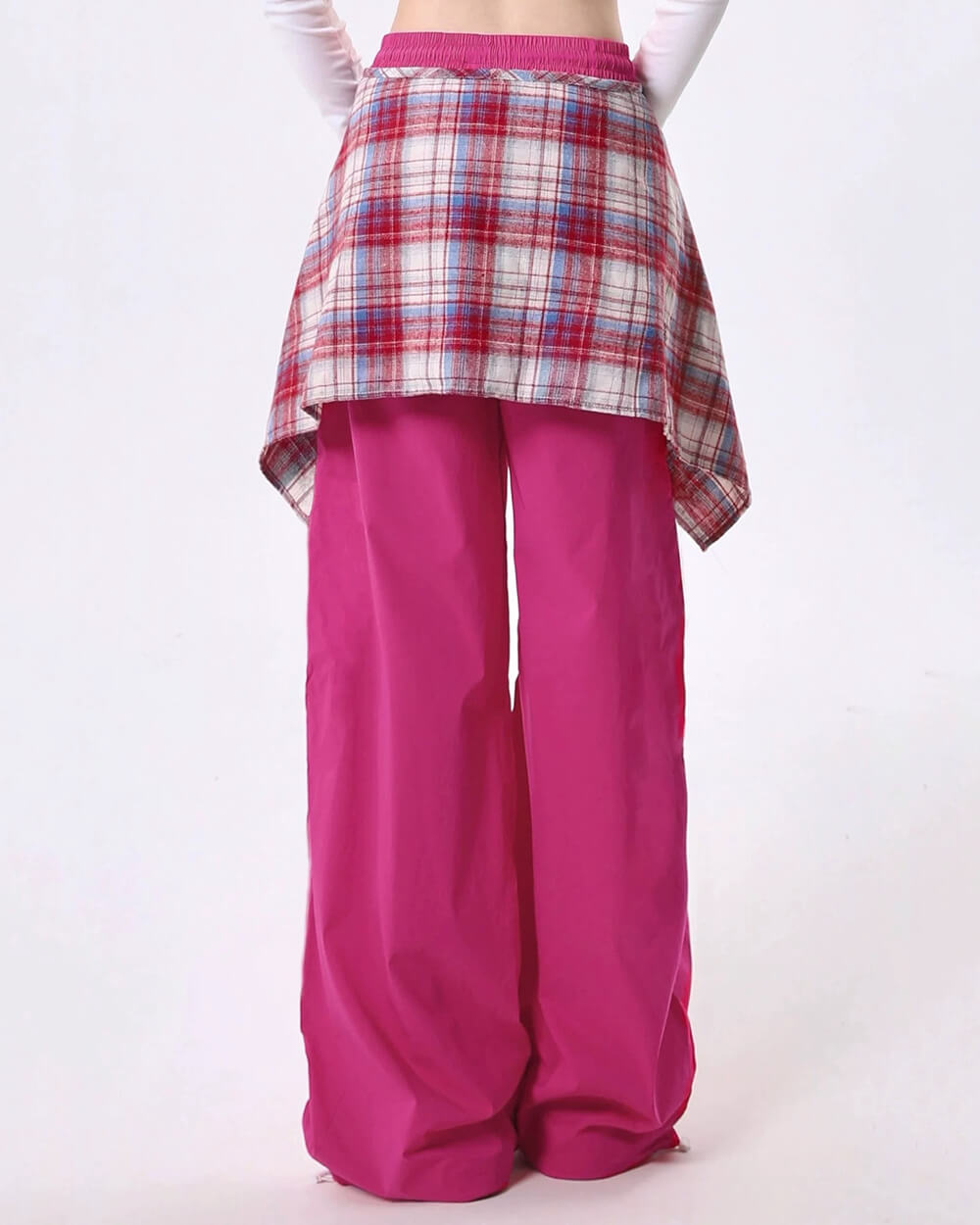 VIVID PINK WIDE-LEG PANTS WITH PLAID OVERLAY