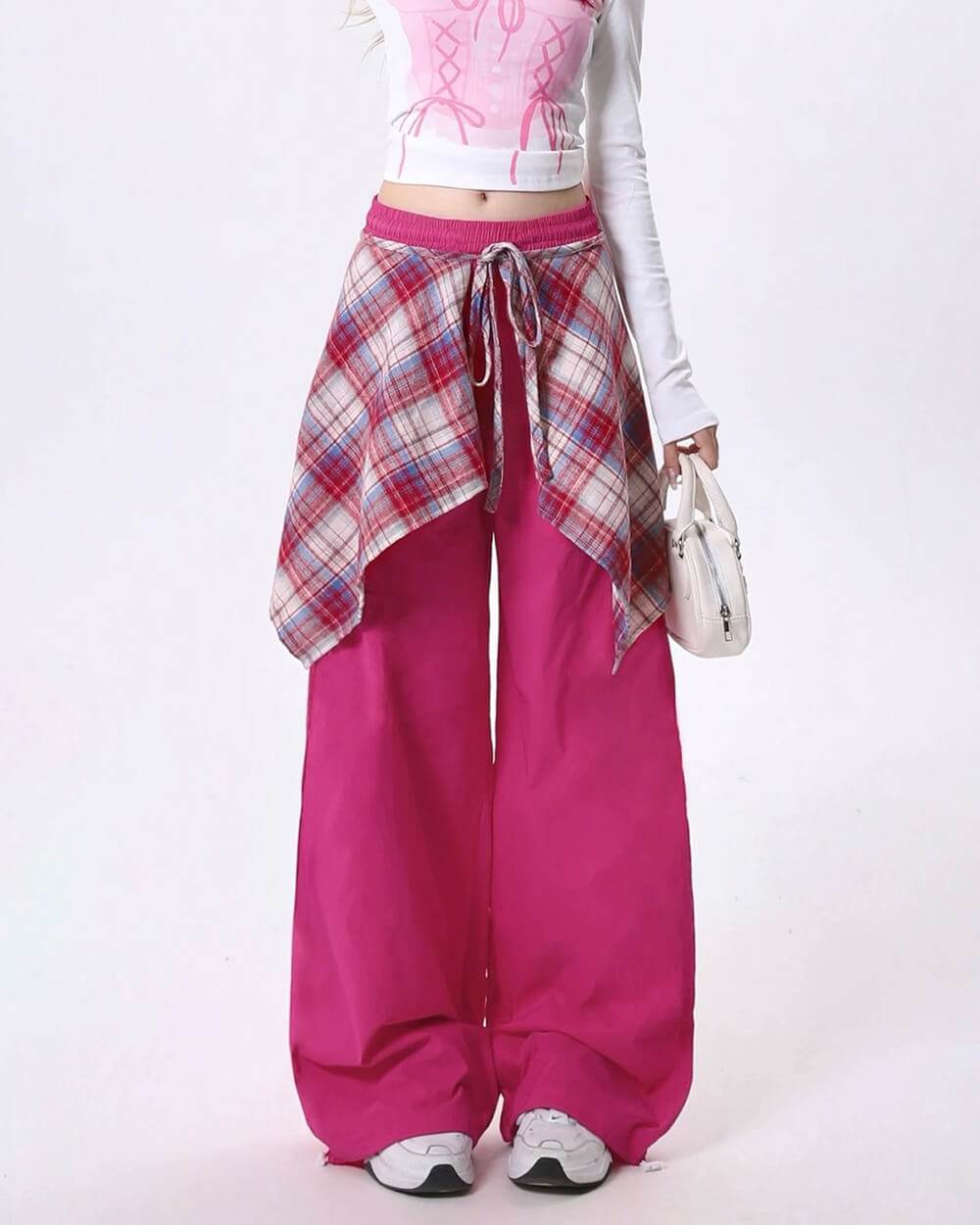 VIVID PINK WIDE-LEG PANTS WITH PLAID OVERLAY