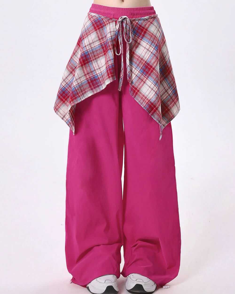 VIVID PINK WIDE-LEG PANTS WITH PLAID OVERLAY