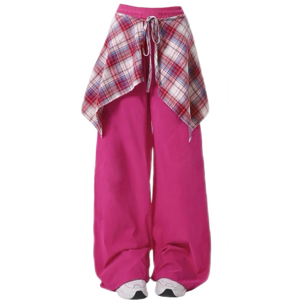 VIVID PINK WIDE-LEG PANTS WITH PLAID OVERLAY
