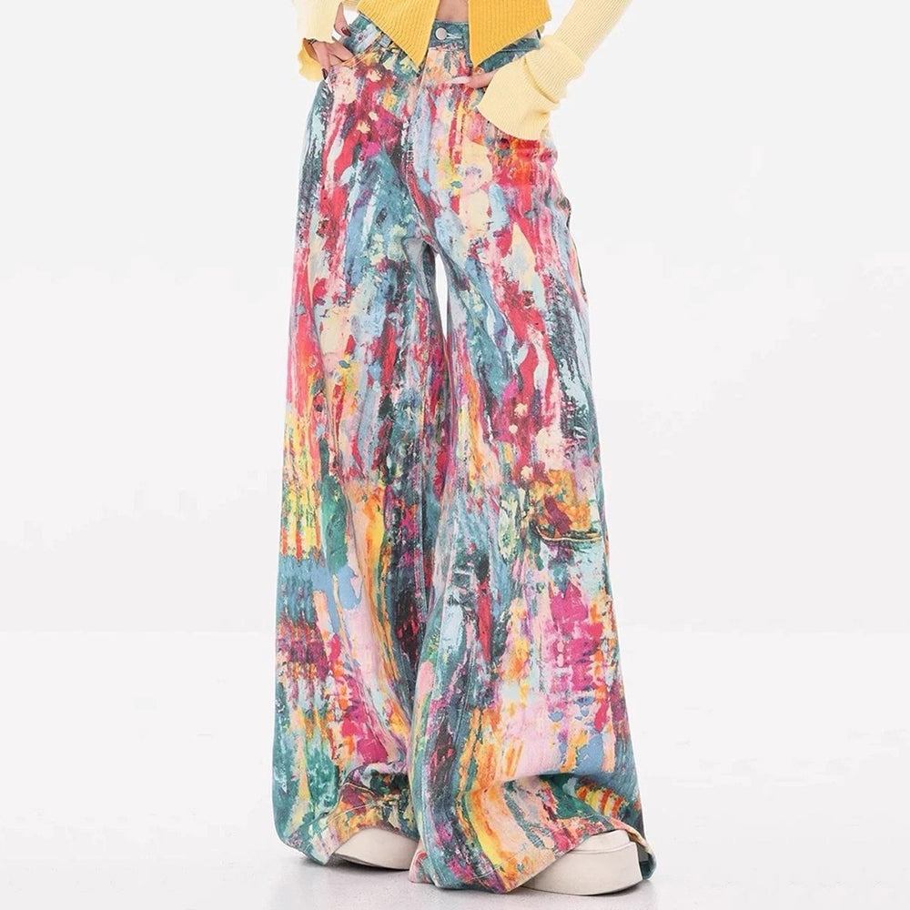 VIVID WATERCOLOR WIDE-LEG JEANS ARTISTIC PRINT CASUAL TROUSERS
