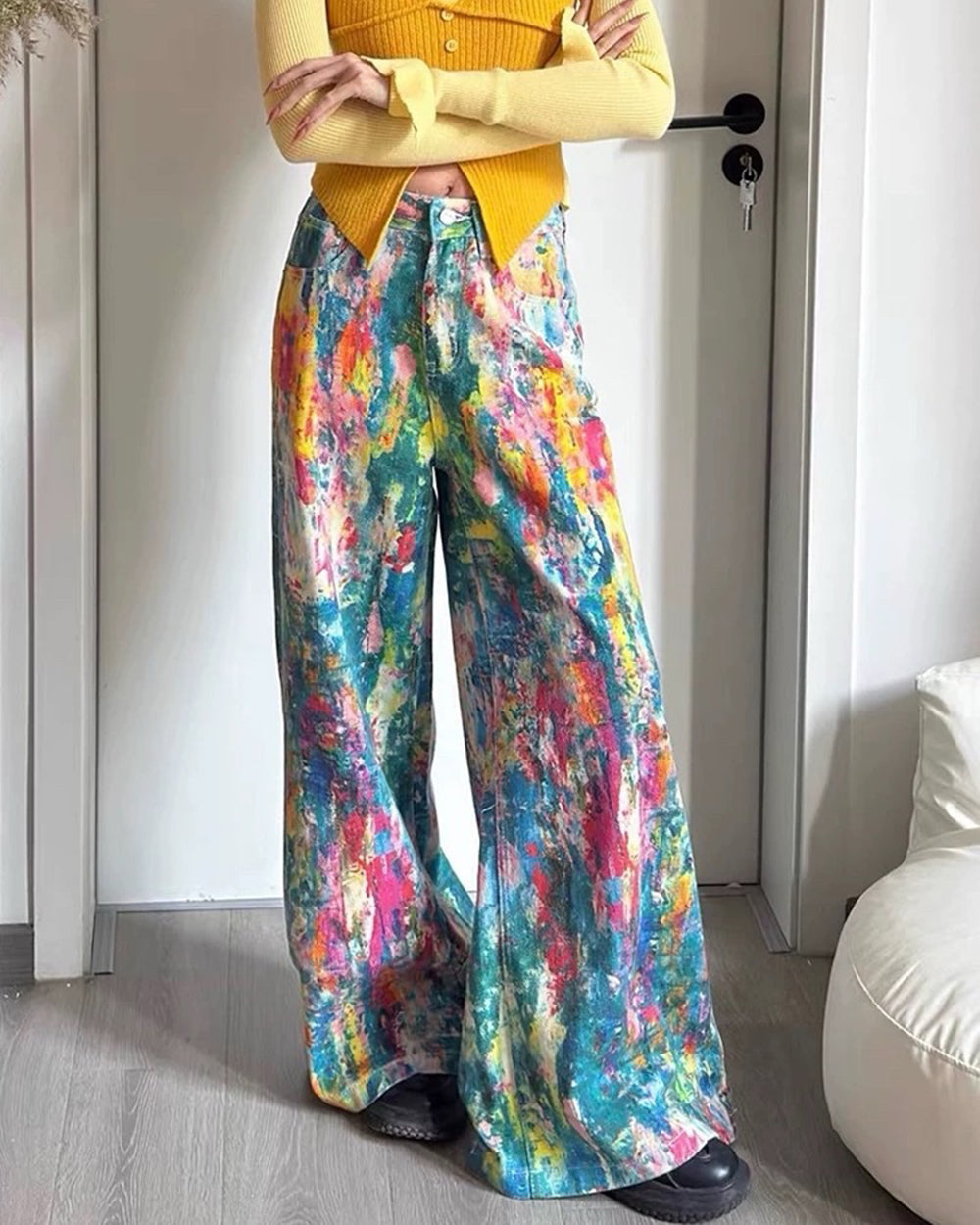 VIVID WATERCOLOR WIDE-LEG JEANS ARTISTIC PRINT CASUAL TROUSERS