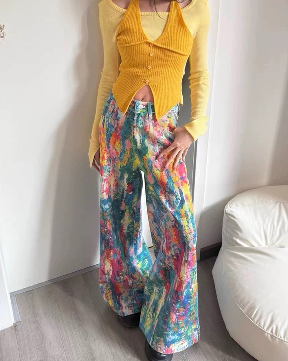 VIVID WATERCOLOR WIDE-LEG JEANS ARTISTIC PRINT CASUAL TROUSERS