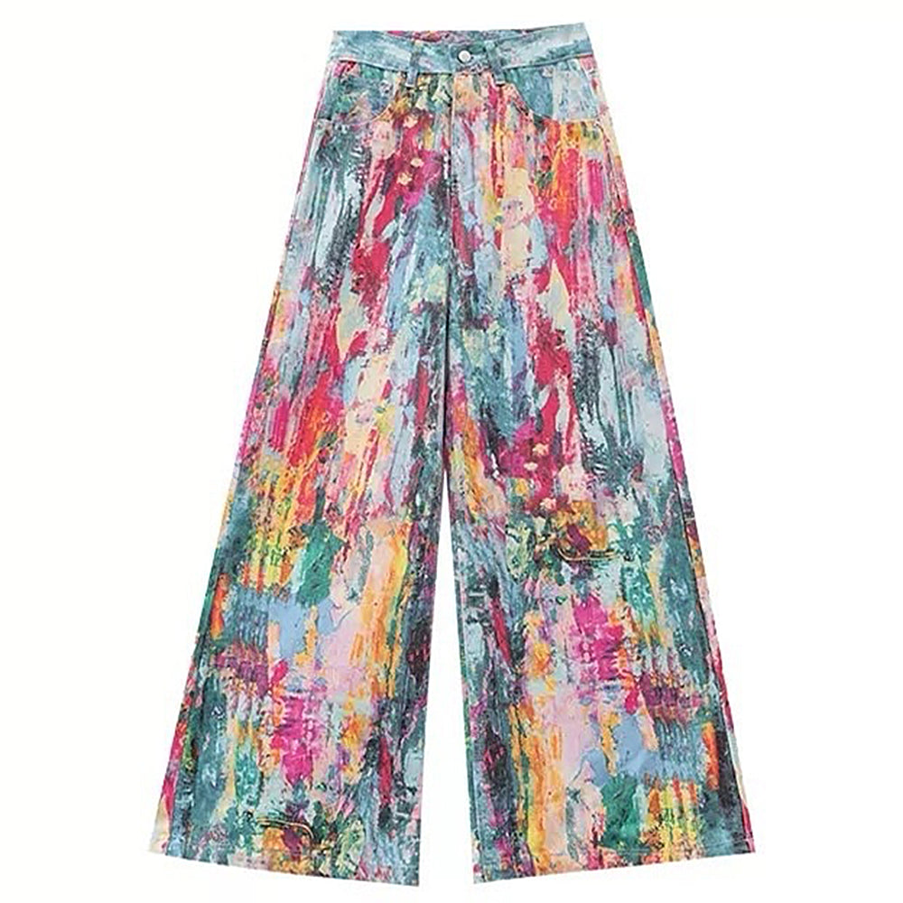 VIVID WATERCOLOR WIDE-LEG JEANS ARTISTIC PRINT CASUAL TROUSERS