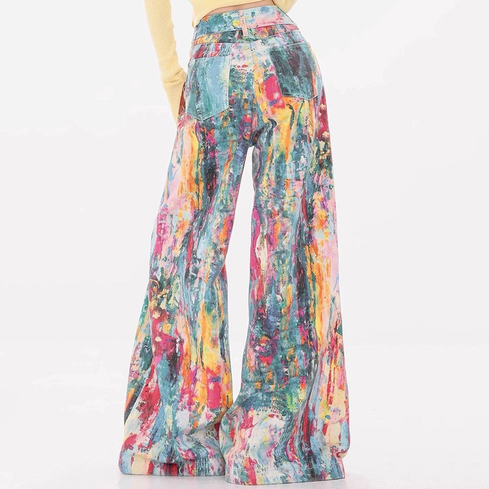 VIVID WATERCOLOR WIDE-LEG JEANS ARTISTIC PRINT CASUAL TROUSERS