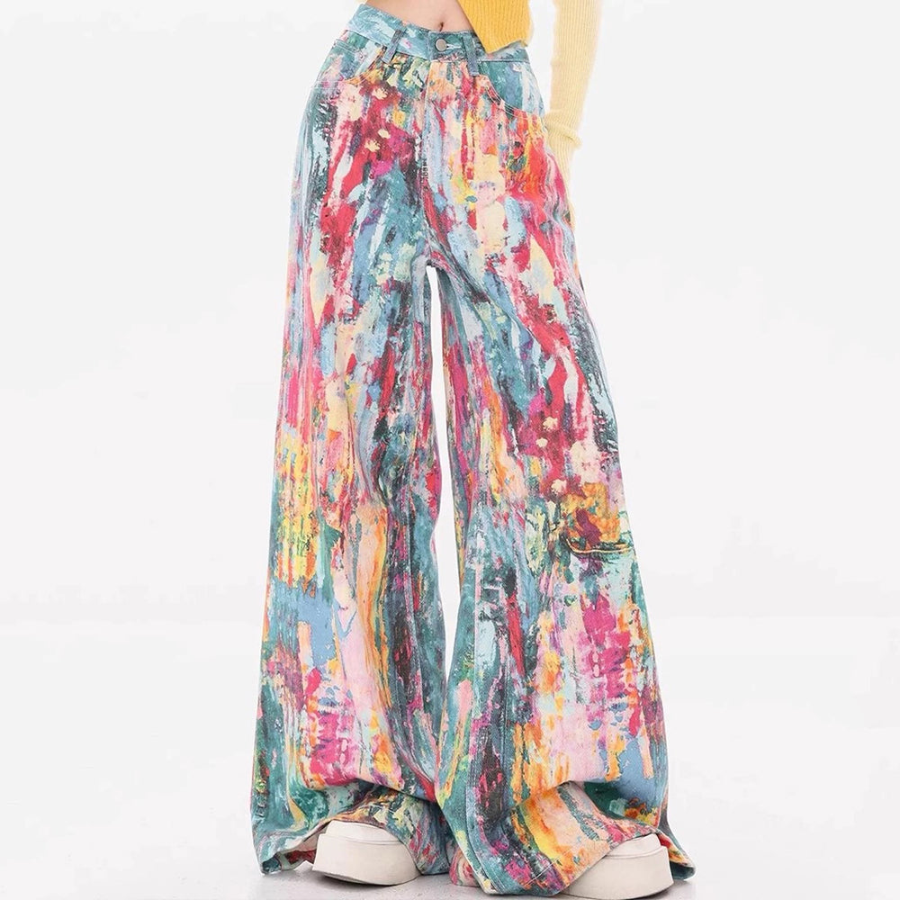 VIVID WATERCOLOR WIDE-LEG JEANS ARTISTIC PRINT CASUAL TROUSERS