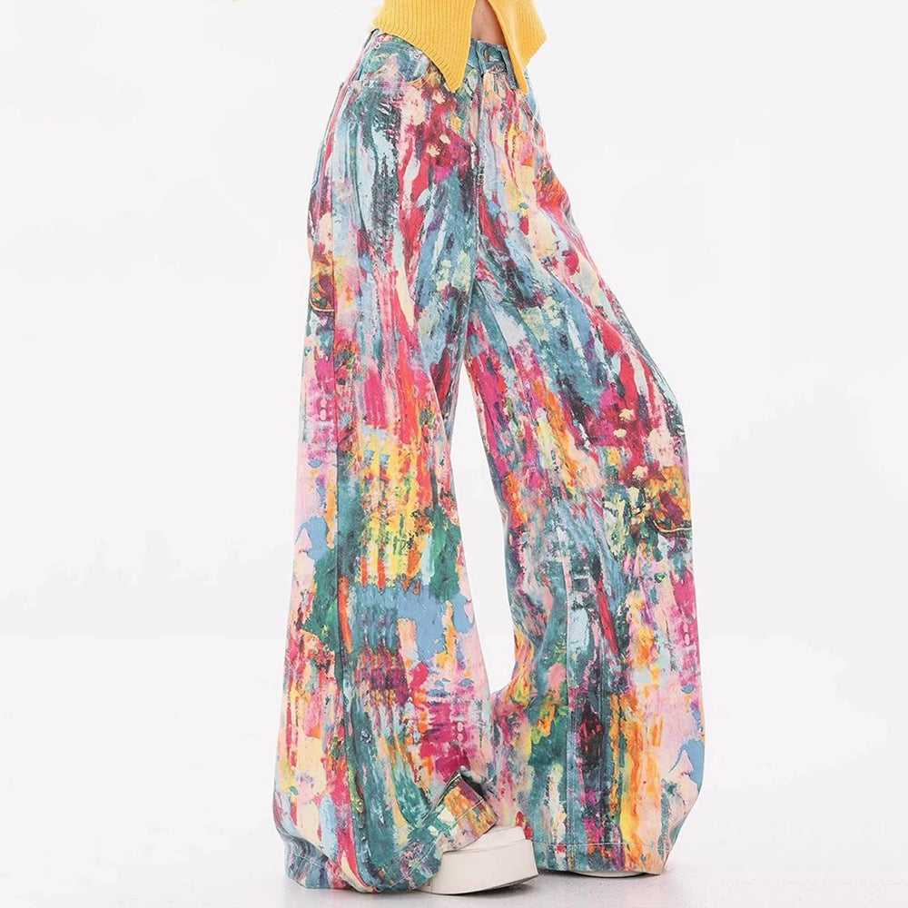 VIVID WATERCOLOR WIDE-LEG JEANS ARTISTIC PRINT CASUAL TROUSERS