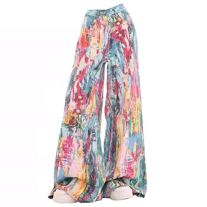 VIVID WATERCOLOR WIDE-LEG JEANS ARTISTIC PRINT CASUAL TROUSERS