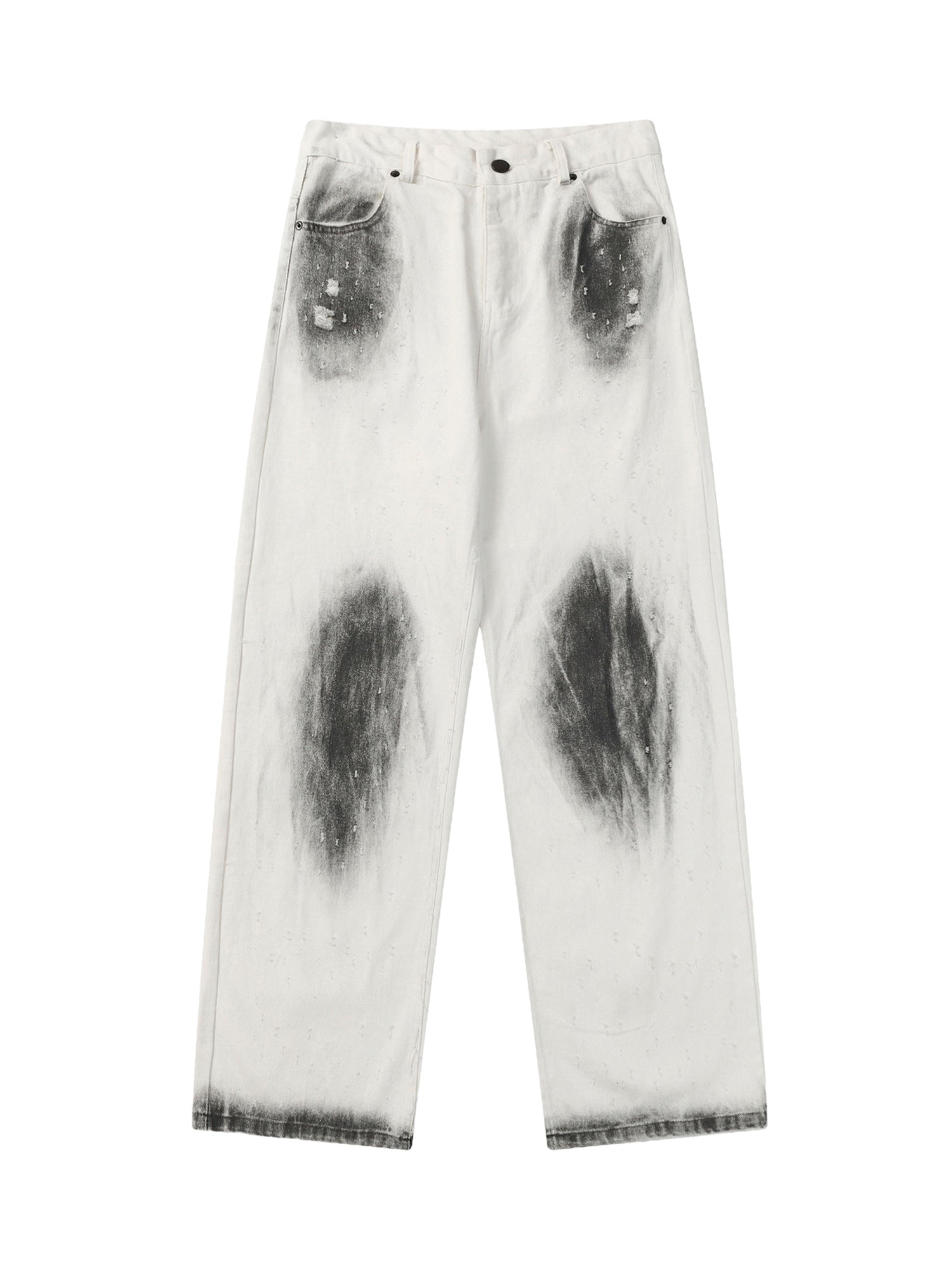 WASHED WHITE JEANS WITH DARK GRAY SPLOTCHES AND BLACK STAINS WASHED
