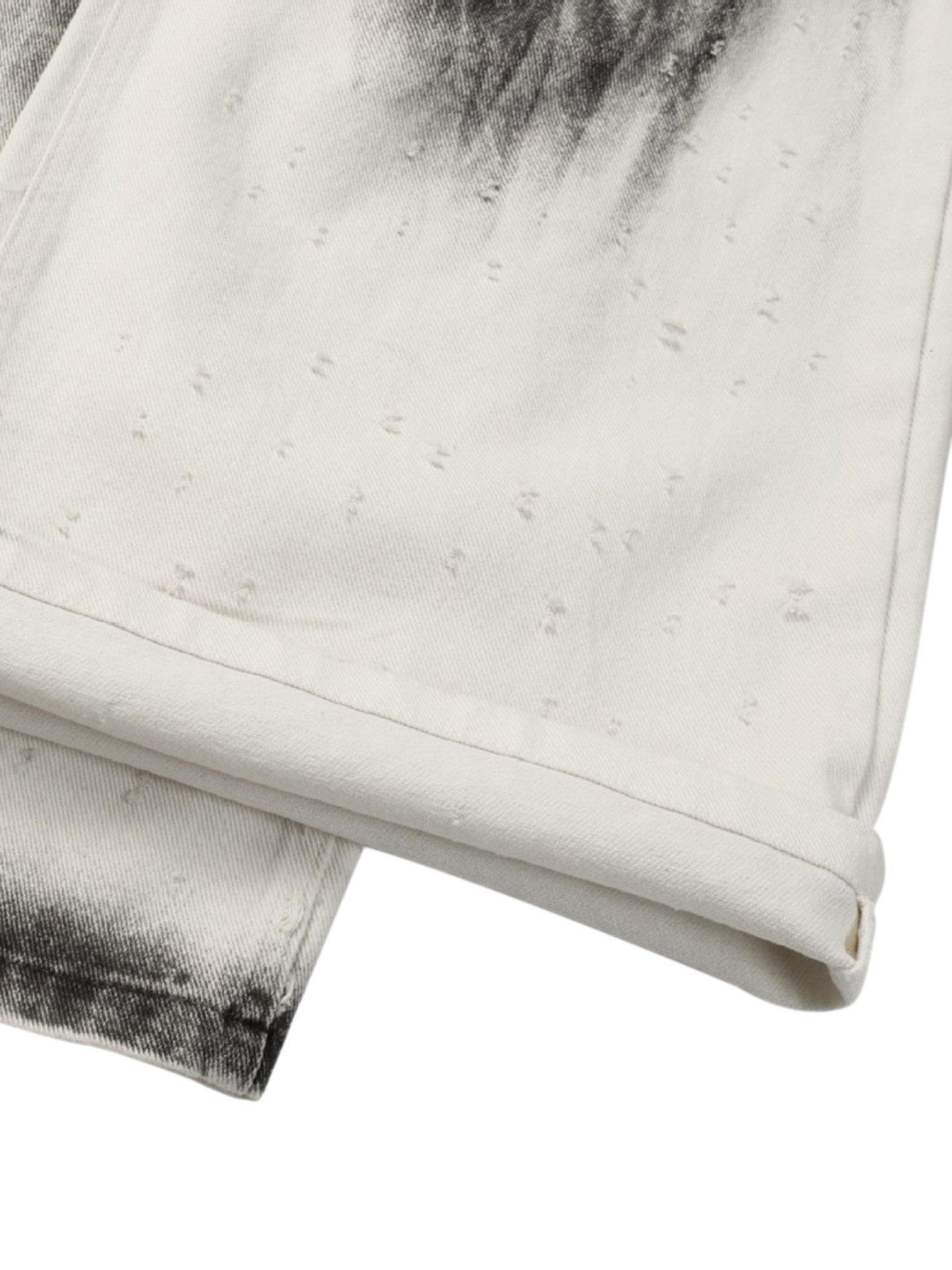 WASHED WHITE JEANS WITH DARK GRAY SPLOTCHES AND BLACK STAINS WASHED