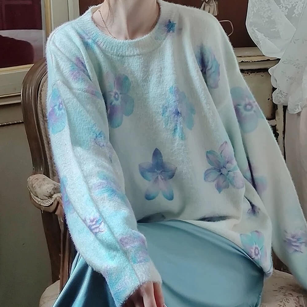 WATERCOLOR FLORAL SWEATER HIGH-QUALITY POLYESTER