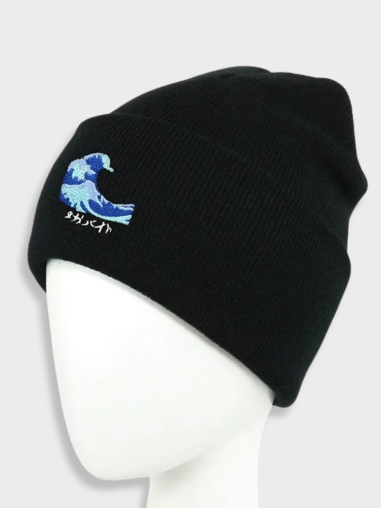 WHITE BEANIE WITH WAVE DESIGN - JAPANESE SEA WAVE PATTERN