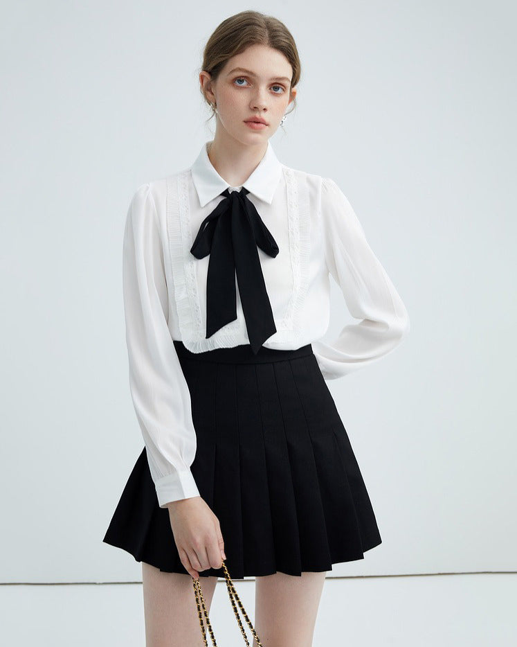 WHITE BLOUSE WITH BLACK BOW TIE NECK FOR ELEGANT OFFICE WEAR