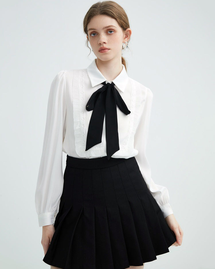 WHITE BLOUSE WITH BLACK BOW TIE NECK FOR ELEGANT OFFICE WEAR
