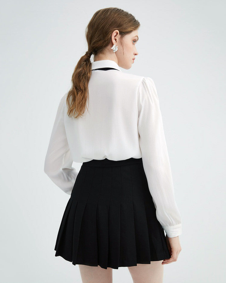 WHITE BLOUSE WITH BLACK BOW TIE NECK FOR ELEGANT OFFICE WEAR