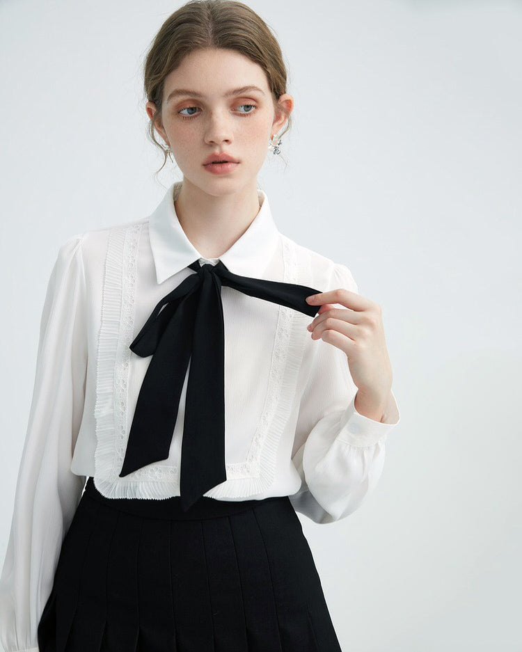 WHITE BLOUSE WITH BLACK BOW TIE NECK FOR ELEGANT OFFICE WEAR