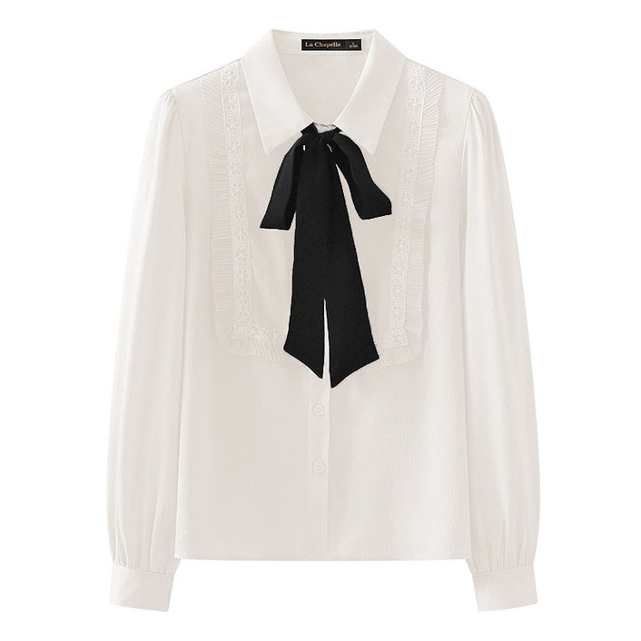 WHITE BLOUSE WITH BLACK BOW TIE NECK FOR ELEGANT OFFICE WEAR