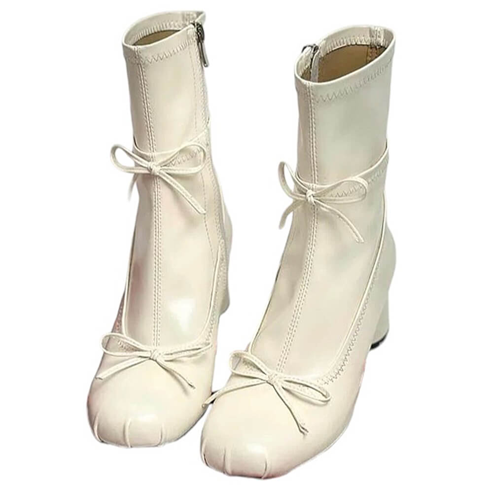 WHITE BOW DETAILS ANKLE BOOTS WITH SQUARE TOE, PAIR