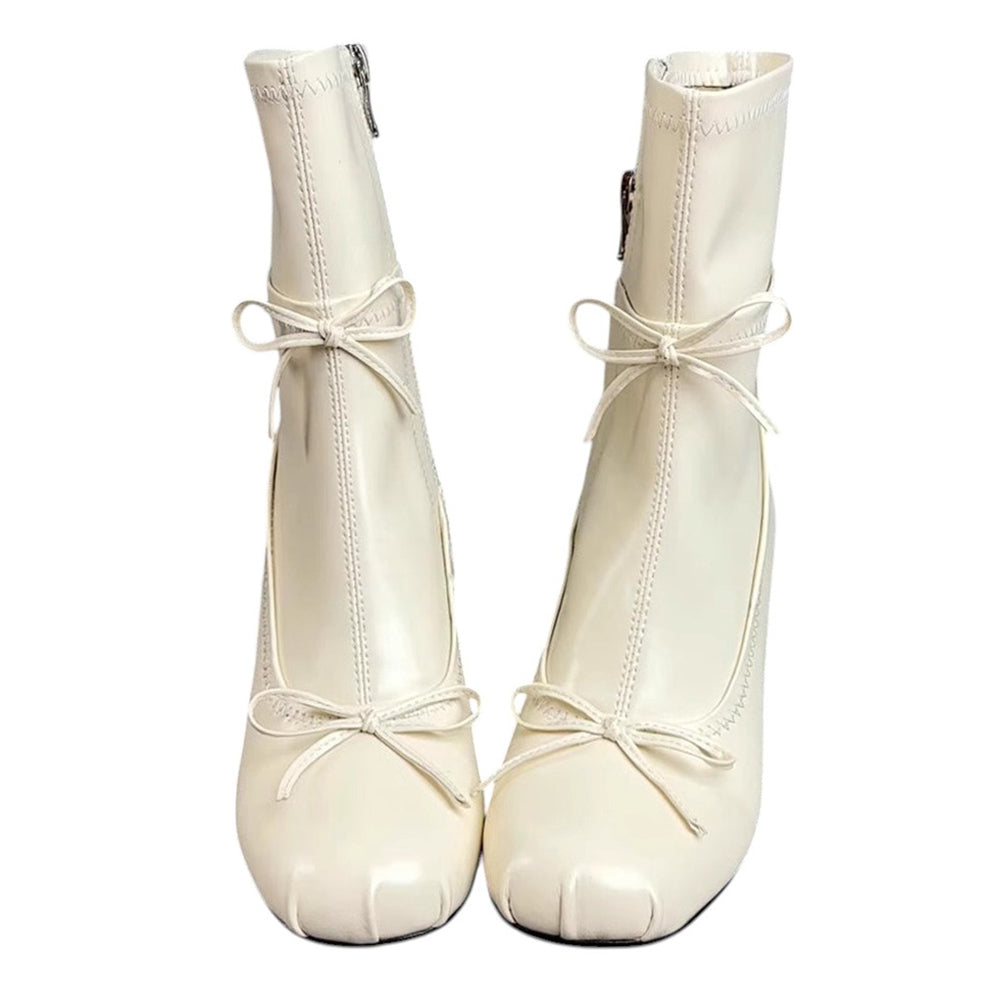 WHITE BOW DETAILS ANKLE BOOTS WITH SQUARE TOE, PAIR