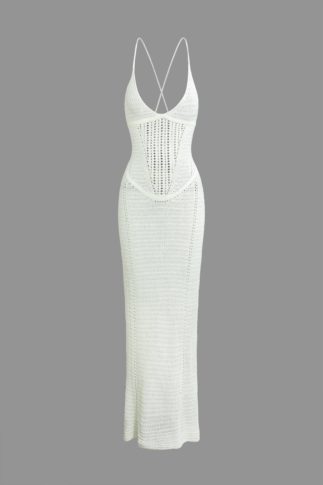 WHITE CROCHET MAXI DRESS WITH SEMI-TRANSPARENT HOLIDAY KNITWEAR DETAILS