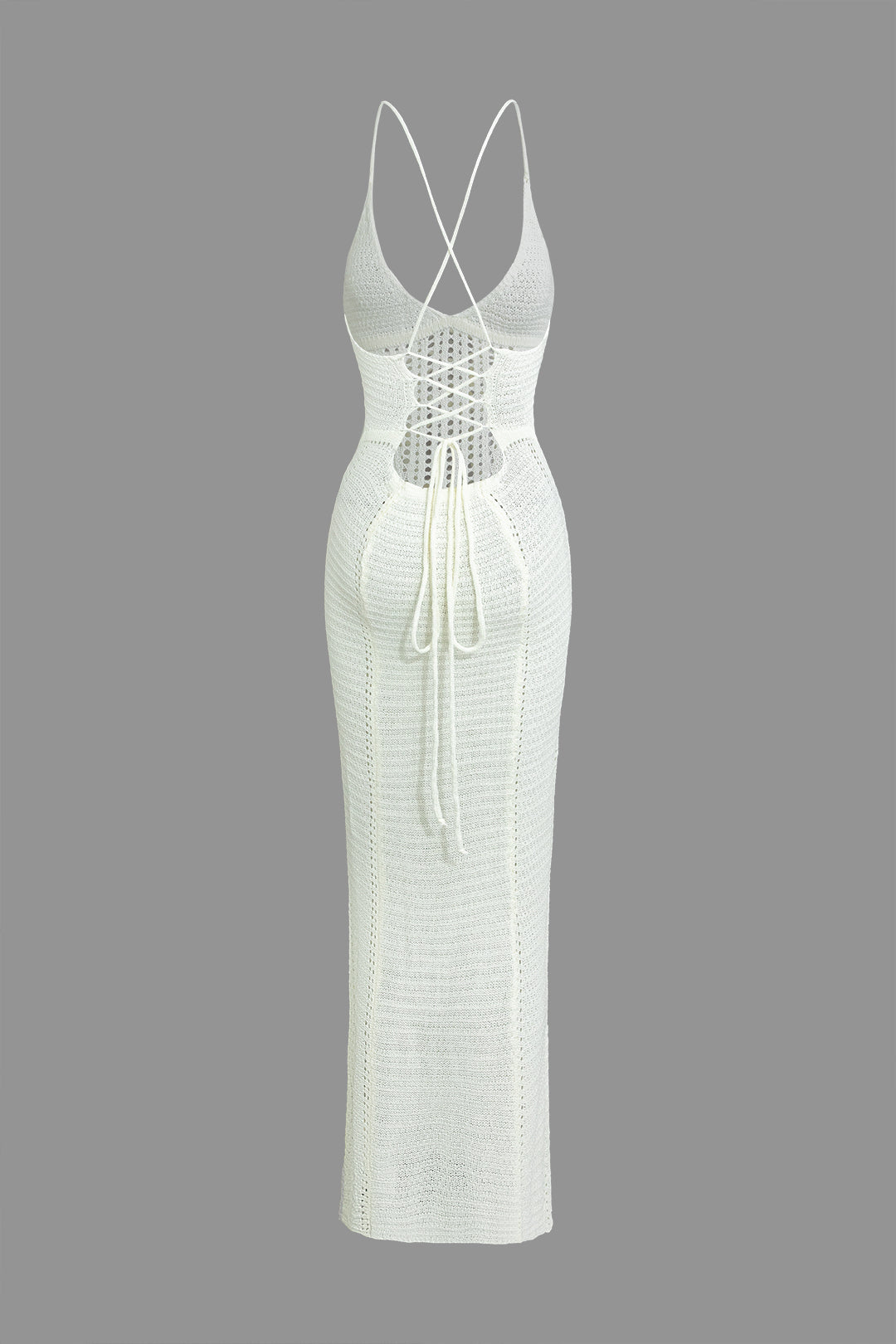 WHITE CROCHET MAXI DRESS WITH SEMI-TRANSPARENT HOLIDAY KNITWEAR DETAILS