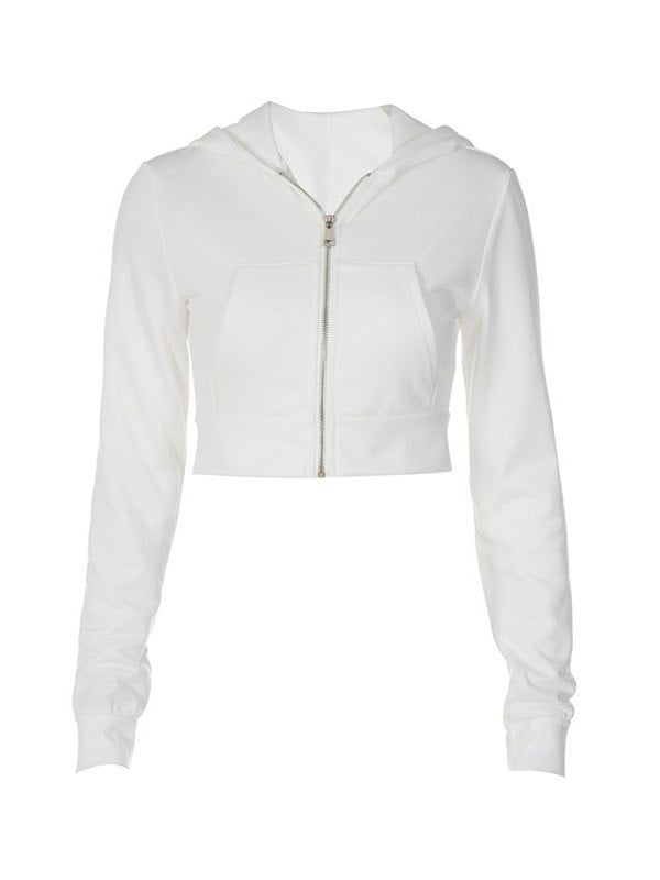 WHITE CROPPED ZIP-UP HOODIE WITH WHITE SUPER CROPPED DESIGN