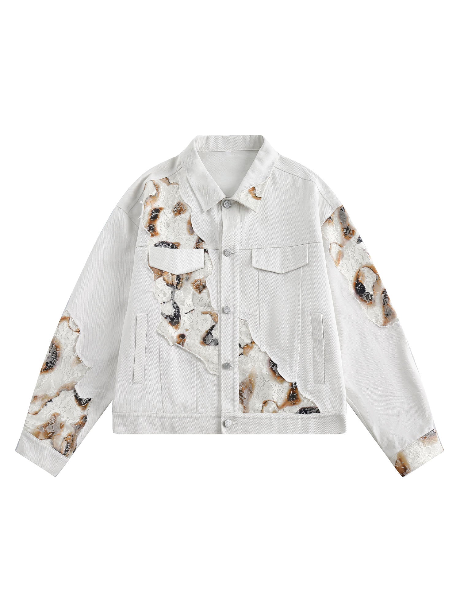 WHITE DENIM SHORT SLEEVE JACKET WITH ABSTRACT PATTERN AND LAPEL COLLAR