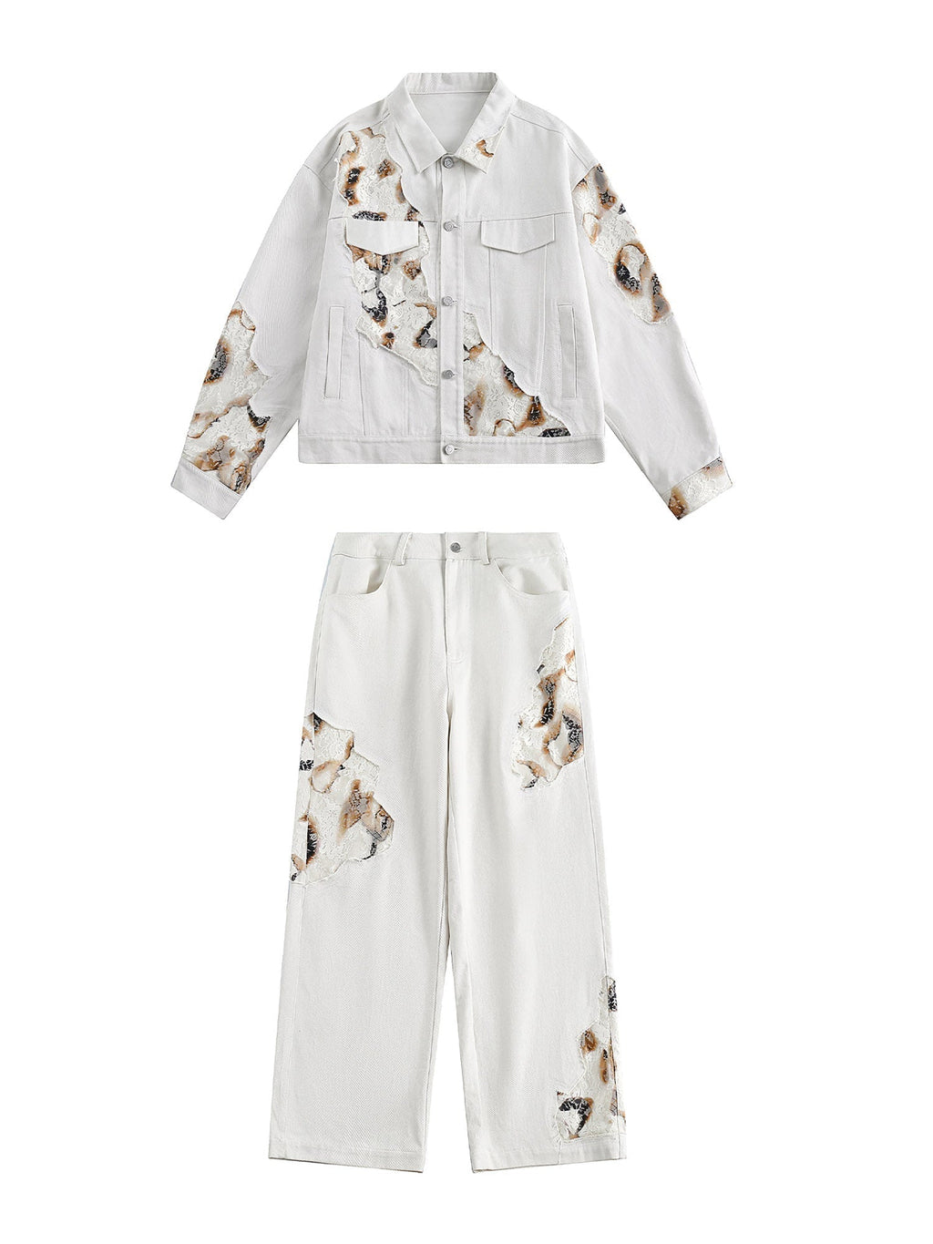 WHITE DENIM SHORT SLEEVE JACKET WITH ABSTRACT PATTERN AND LAPEL COLLAR