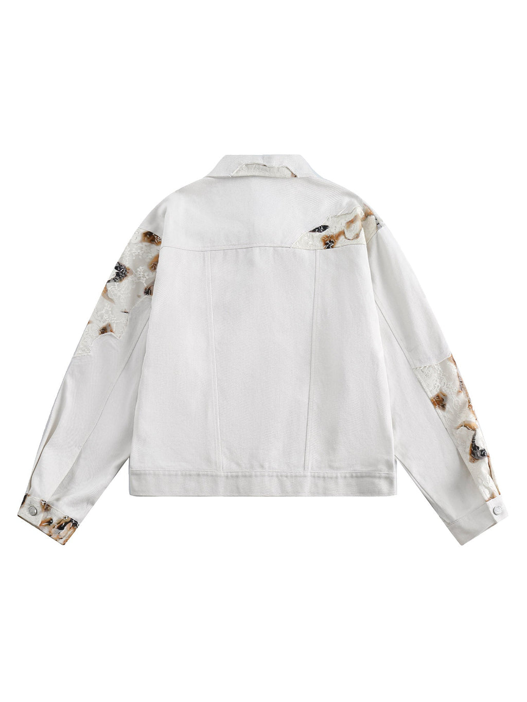 WHITE DENIM SHORT SLEEVE JACKET WITH ABSTRACT PATTERN AND LAPEL COLLAR