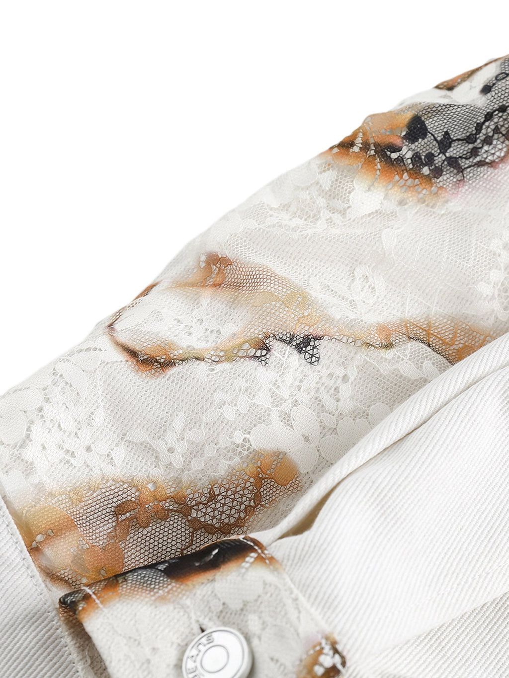 WHITE DENIM SHORT SLEEVE JACKET WITH ABSTRACT PATTERN AND LAPEL COLLAR