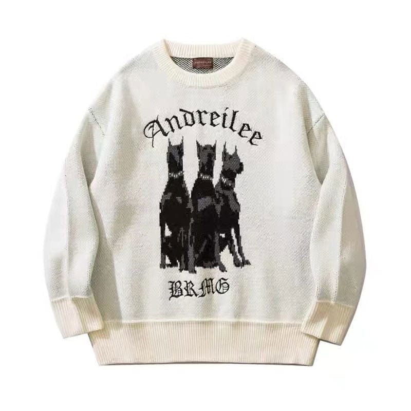 WHITE DOG GRAPHIC KNIT SWEATER WITH COMFORTABLE KNIT DESIGN