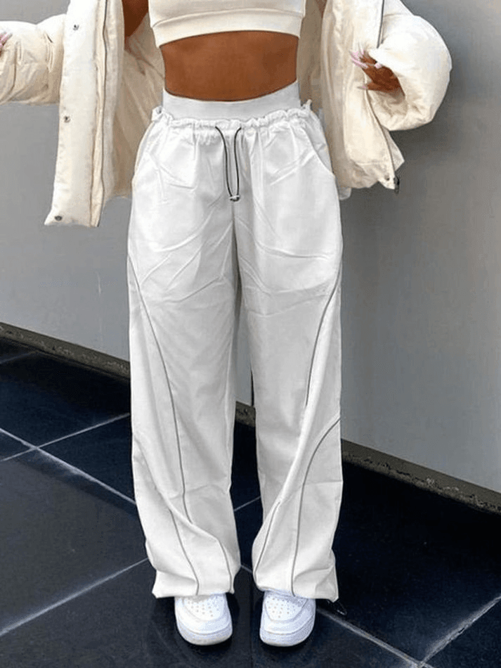 WHITE DRAWSTRING TRACK PANTS - TRENDY CASUAL PANTS