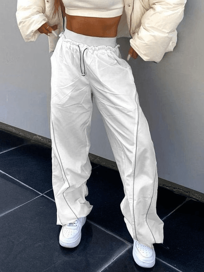 WHITE DRAWSTRING TRACK PANTS - TRENDY CASUAL PANTS